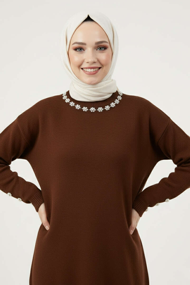 Yaka İncili Sakallı Tunik Acı Kahve