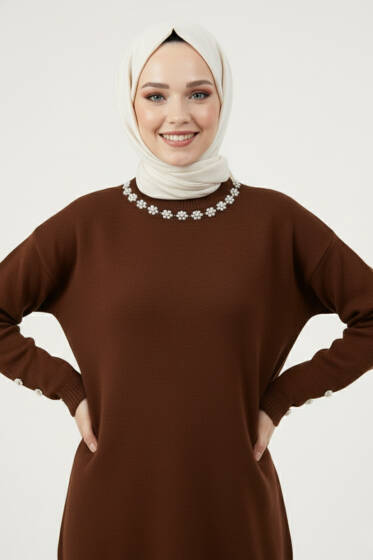 Yaka İncili Sakallı Tunik Acı Kahve - Tunik