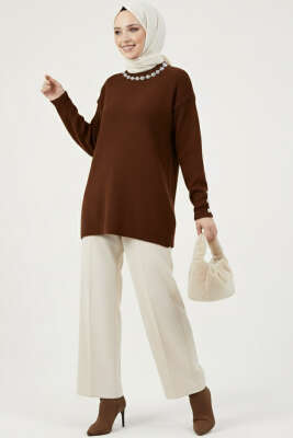 Yaka İncili Sakallı Tunik Acı Kahve - Tunik