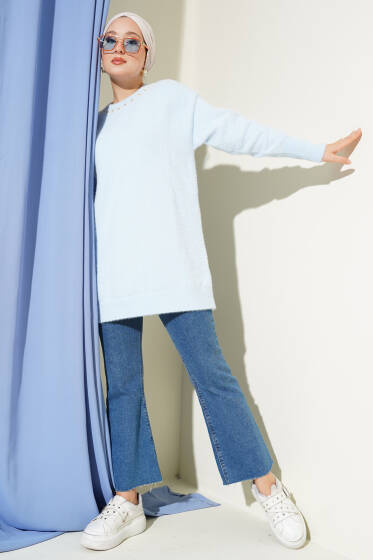 Yaka İncili Sakallı Tunik Bebe Mavi - Tunik