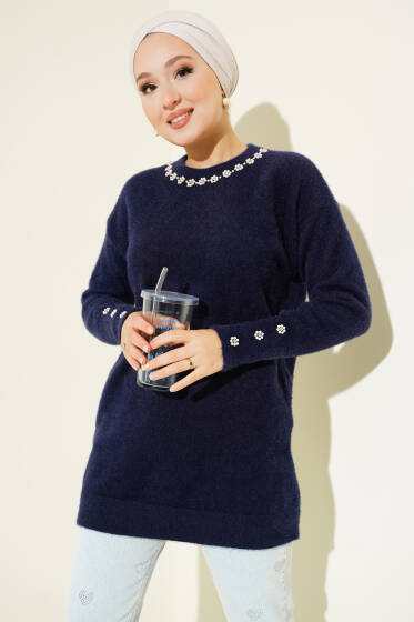 Yaka İncili Sakallı Tunik Lacivert - Tunik