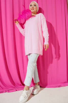Yaka İncili Sakallı Tunik Pembe - Tunik
