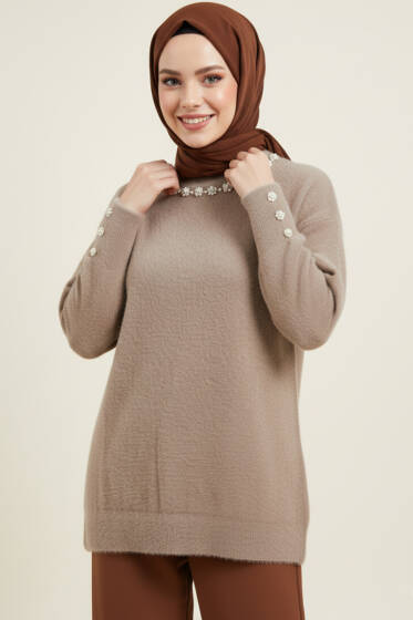 Yaka İncili Sakallı Tunik Vizon - Tunik