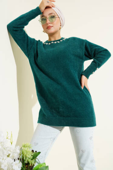 Yaka İncili Sakallı Tunik Zümrüt - Tunik