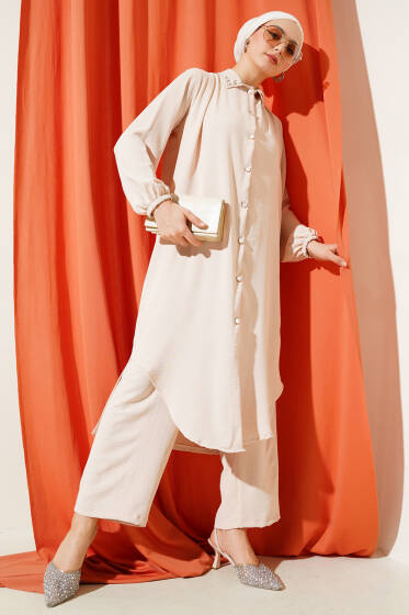 Yaka İncili Uzun Tunik İkili Takım Bej - İkili Takım