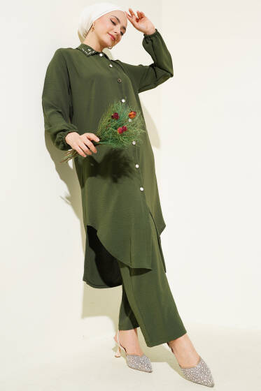 Yaka İncili Uzun Tunik İkili Takım Haki - İkili Takım