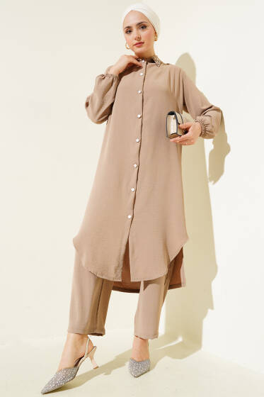 Yaka İncili Uzun Tunik İkili Takım Vizon - İkili Takım