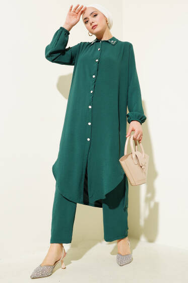 Yaka İncili Uzun Tunik İkili Takım Zümrüt - İkili Takım