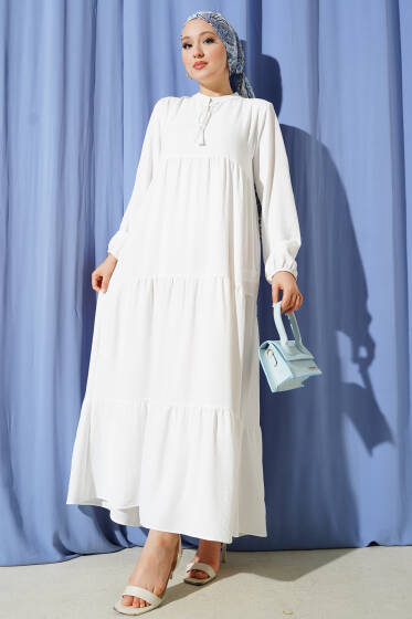 Yaka İp Bağcık Detaylı Kat Elbise Beyaz - Elbise