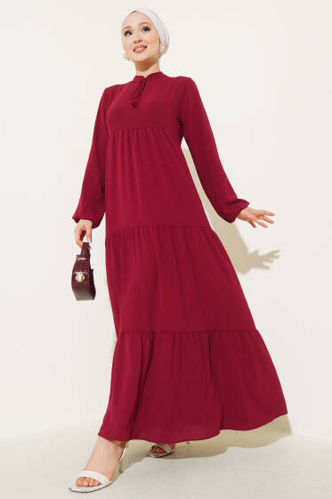 Yaka İp Bağcık Detaylı Kat Elbise Bordo - Elbise