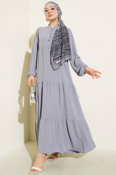 Yaka İp Bağcık Detaylı Kat Elbise Gri - Elbise