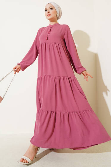 Yaka İp Bağcık Detaylı Kat Elbise Gül Kurusu - Elbise