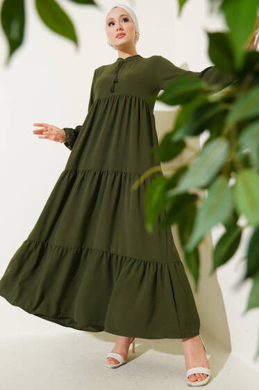 Yaka İp Bağcık Detaylı Kat Elbise Haki - Elbise