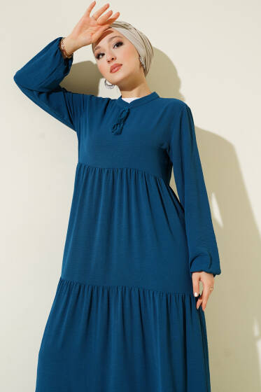 Yaka İp Bağcık Detaylı Kat Elbise Petrol - Elbise