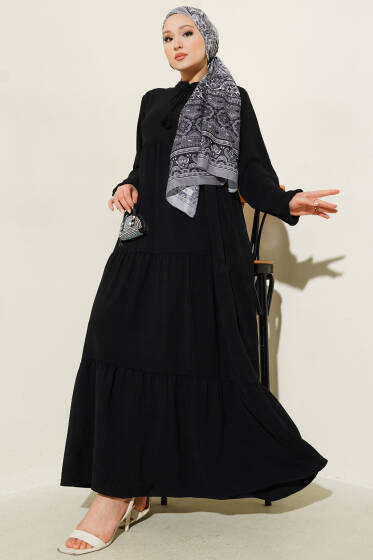 Yaka İp Bağcık Detaylı Kat Elbise Siyah - Elbise