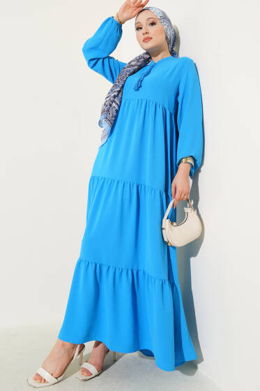 Yaka İp Bağcık Detaylı Kat Elbise Turkuaz - Elbise