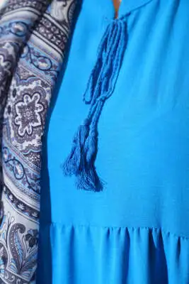 Yaka İp Bağcık Detaylı Kat Elbise Turkuaz - Elbise