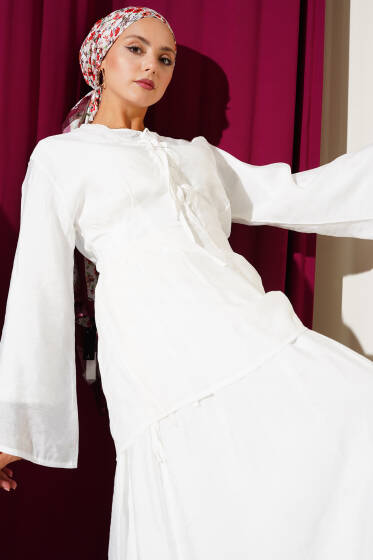 Yaka İp Bağlamalı Etekli Üçlü Takım Beyaz - İkili Takım