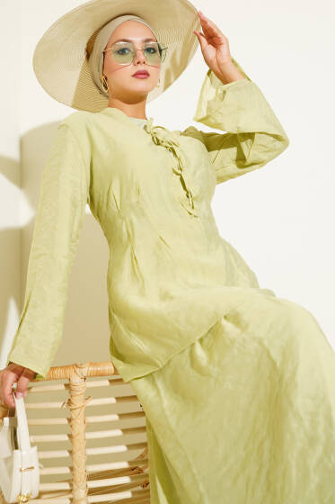 Yaka İp Bağlamalı Etekli Üçlü Takım Çağla Yeşili - İkili Takım