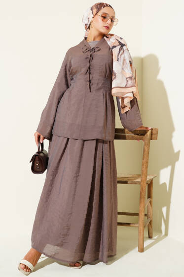 Yaka İp Bağlamalı Etekli Üçlü Takım Kahve - İkili Takım