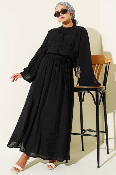 Yaka İp Bağlamalı Etekli Üçlü Takım Siyah - İkili Takım