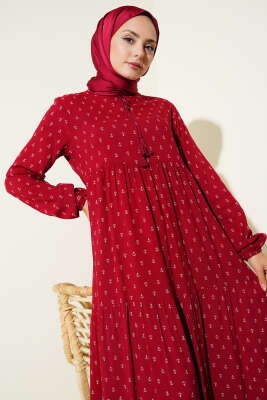 Yaka İpli Çapa Desenli Elbise Bordo - 300-500 TL Ürünler