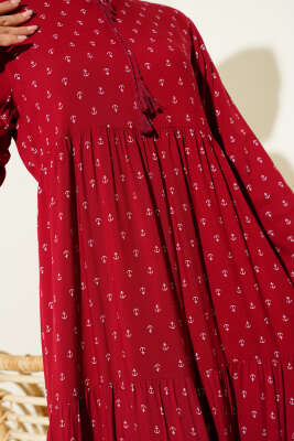 Yaka İpli Çapa Desenli Elbise Bordo - 300-500 TL Ürünler
