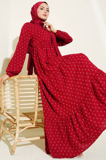 Yaka İpli Çapa Desenli Elbise Bordo - Elbise