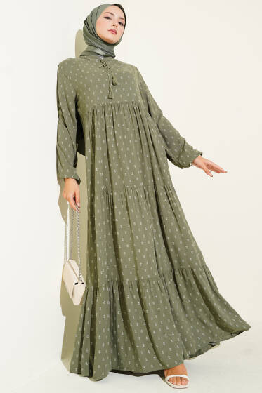 Yaka İpli Çapa Desenli Elbise Haki - Elbise