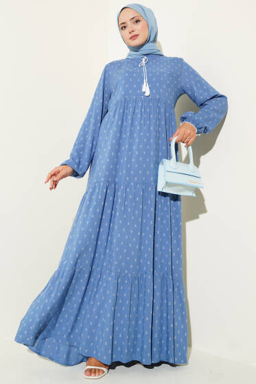 Yaka İpli Çapa Desenli Elbise İndigo - Elbise