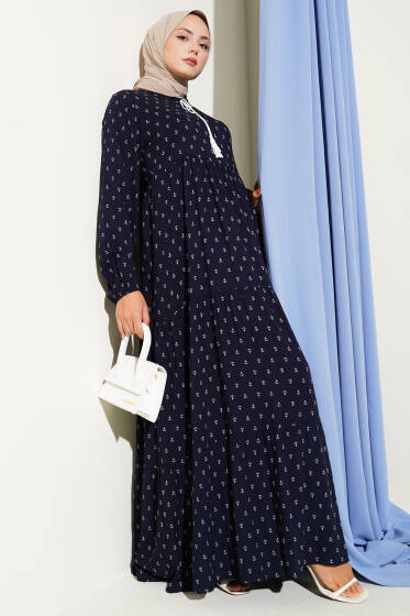 Yaka İpli Çapa Desenli Elbise Lacivert - Elbise