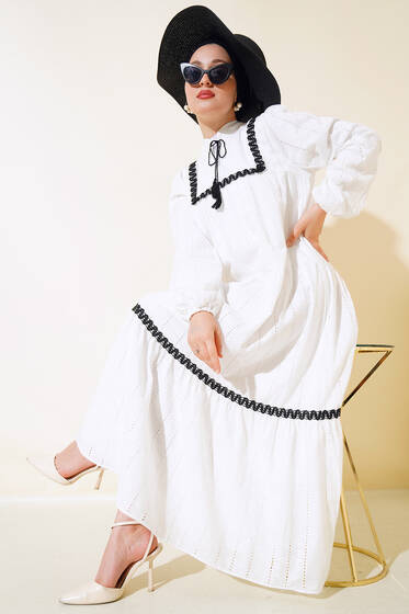 Yaka İpli Dantel Elbise Ekru - Uzun Elbise