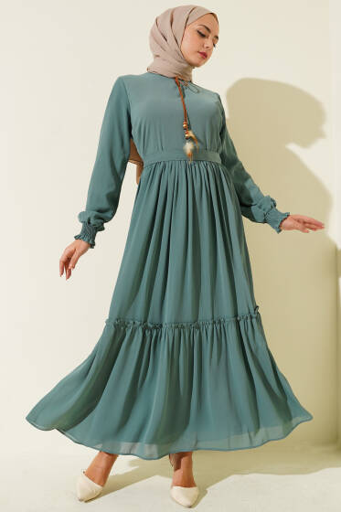 Yaka İpli Kuşaklı Elbise Çağla Yeşili - Elbise