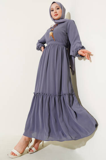 Yaka İpli Kuşaklı Elbise Gri - Elbise