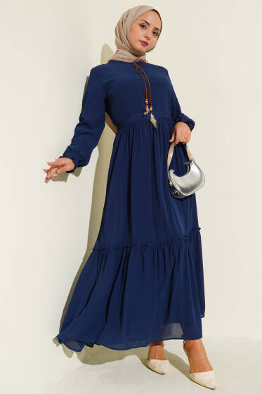 Yaka İpli Kuşaklı Elbise Lacivert - Elbise