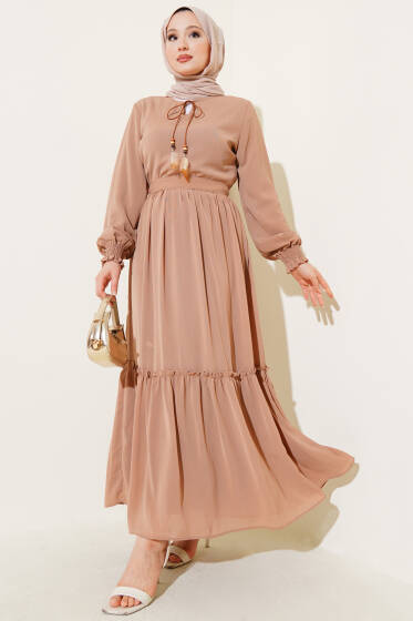 Yaka İpli Kuşaklı Elbise Latte - Elbise
