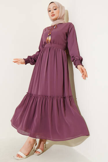 Yaka İpli Kuşaklı Elbise Magenta - Elbise