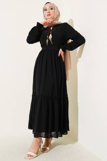 Yaka İpli Kuşaklı Elbise Siyah - Elbise