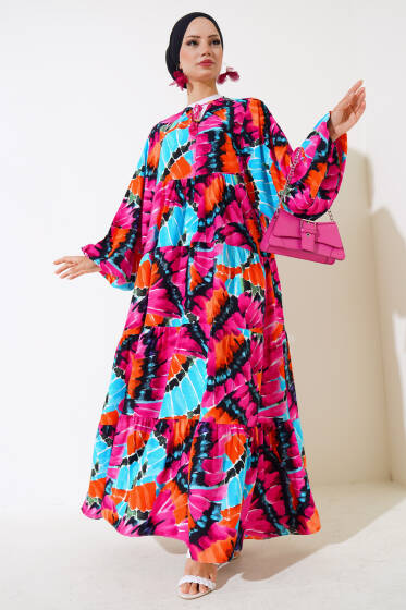 Yaka İpli Yarasa Kol Elbise Fuşya - Elbise