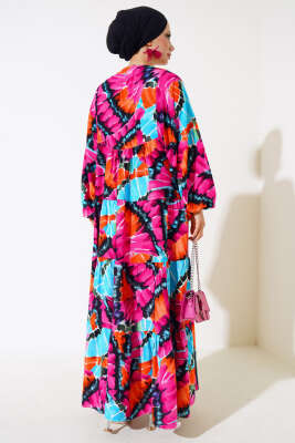 Yaka İpli Yarasa Kol Elbise Fuşya - Tesettür Elbise