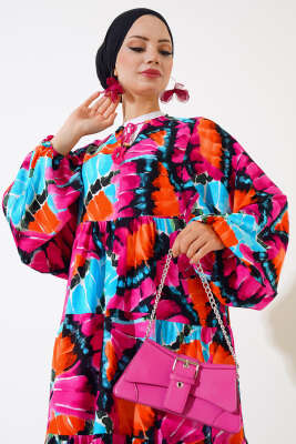 Yaka İpli Yarasa Kol Elbise Fuşya - Tesettür Elbise