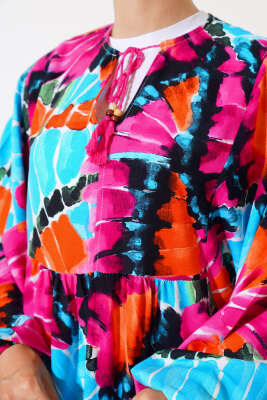 Yaka İpli Yarasa Kol Elbise Fuşya - Tesettür Elbise