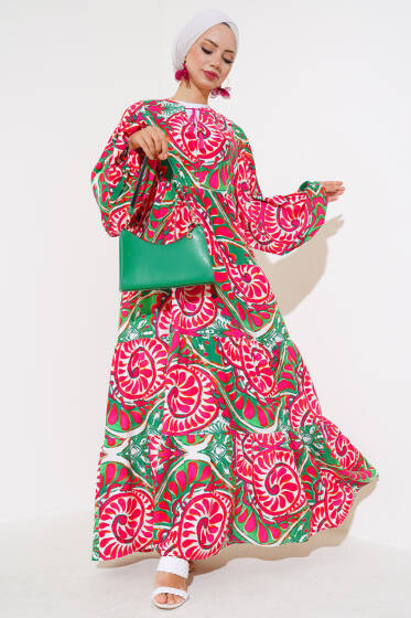 Yaka İpli Yarasa Kol Elbise Fuşya Yeşil - Elbise