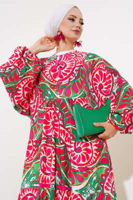 Yaka İpli Yarasa Kol Elbise Fuşya Yeşil - Tesettür Elbise