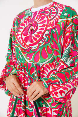 Yaka İpli Yarasa Kol Elbise Fuşya Yeşil - Tesettür Elbise