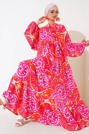 Yaka İpli Yarasa Kol Elbise Oranj Fuşya - Elbise