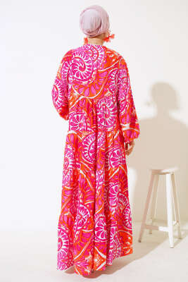 Yaka İpli Yarasa Kol Elbise Oranj Fuşya - Tesettür Elbise