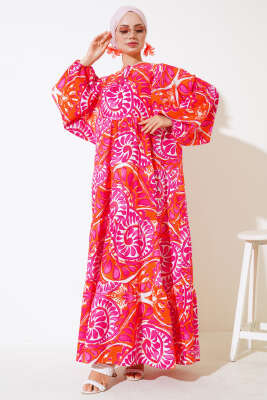 Yaka İpli Yarasa Kol Elbise Oranj Fuşya - Tesettür Elbise