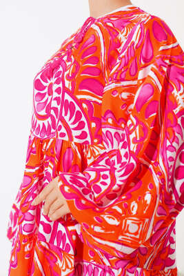 Yaka İpli Yarasa Kol Elbise Oranj Fuşya - Tesettür Elbise