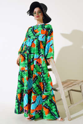 Yaka İpli Yarasa Kol Elbise Yeşil 